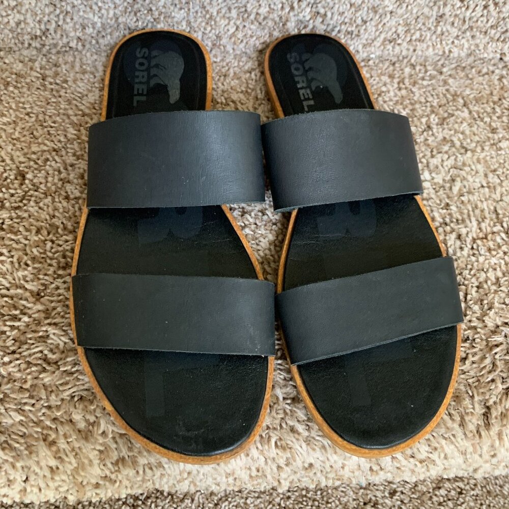 Sorel Black Slide Sandals with Tan Edge Trim
